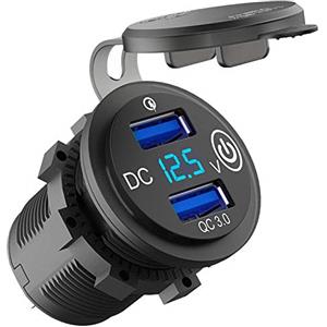 Hztuang Presa USB 12 V, caricatore da auto doppio USB a ricarica 3.0 con interruttore di contatto e voltmetro per camion auto moto 12 V/24 V