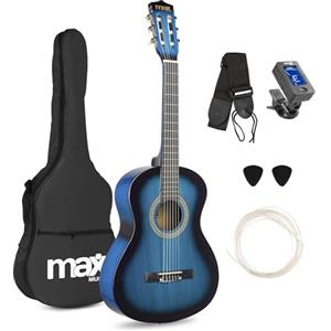 MAX SoloArt Junior chitarra acustica classica per bambini 3/4 per principianti da 8 a 12 anni, corde in nylon, legno di tiglio, set con custodia, accordatore, tracolla, plettri e corde extra