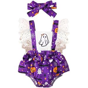 Generico Costume Halloween Neonato 9 Mesi Vestito Da Zucca Bambina Tutina Elegante Costume Halloween Neonata Pagliacetto Con Fascia Completo Vestiti Fantasma Bimba Body Arancione Nera Carnevale Feste Cosplay