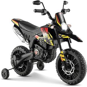 GYMAX Moto Elettrica 12V, Moto per Bambini con 2 Ruote di Supporto, Faro, Musica per Bambini 3-8 Anni, Veicolo per Bambini con Doppio Motore e Ammortizzatori, 5,5-6 km/h (Nero-Giallo)