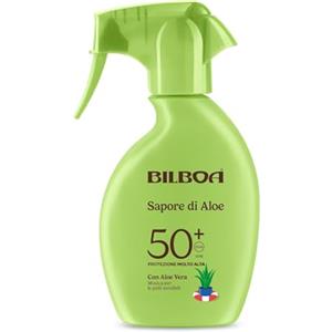 Bilboa, Sapore di Aloe, Crema Solare Spray SPF 50+, Protezione Solare con Profumo di Aloe Vera, Ideale per Pelli Sensibili, Texture Fresca e Leggera, Resistente all'Acqua, 250 ml