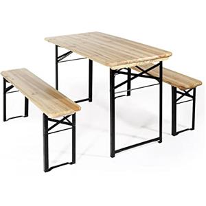 VERDELOOK | Set birreria, con 2 Panche e Tavolo in Legno Naturale, 120x60 cm, Tavolo e Panche con Gambe in Ferro