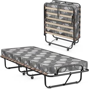 COSTWAY Brandina Pieghevole con Materasso, Made in Italy, 190x80cm (Grigio) | Letto Singolo con Materasso in Memory Foam, Struttura Resistente e 4 Ruote Girevoli, Carico 130 kg, per Casa Ufficio