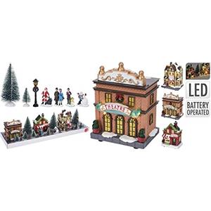 Aurora Store Città del Natale set 17 pz Villaggio Natalizio innevato con Casette illuminate, paesaggio con Personaggi e Babbo Natale con Luci LED, accessori Alberi di Natale Carillon Musicale Giostrina