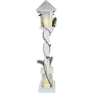 Generico Lampione Natalizio in Legno h. 61 cm Bianco Glitter innevato con Luci LED Base 13x13cm Alimentazione a Batteria Decorazione Natalizia Babbo Natale