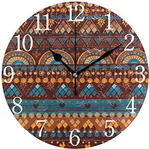 Mnsruu Orologio da Parete Rotondo Marrone Etnico Geometrico Africano, Pittura ad Olio silenziosa AntiGraffio per Arredamento Camera da Letto Soggiorno Ufficio Scuola casa