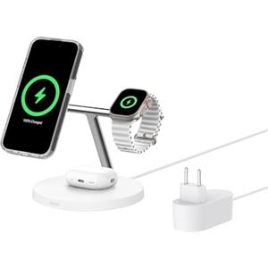 Belkin BoostCharge Caricatore 3 in 1 con Qi2, base di ricarica wireless compatibile con MagSafe, caricatore iPhone 17, Air, Pixelsnap, Apple Watch e AirPods, alimentatore incluso - Bianco