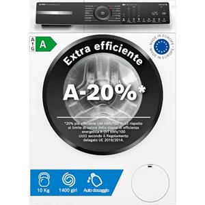 Bosch WGH254A0IT Serie 6 Lavatrice smart a carica frontale, 10 kg, 1400 giri, Efficienza energetica A -20%, sistema di dosaggio automatico del detersivo e dell'ammorbidente, Bianco, 60 Cm