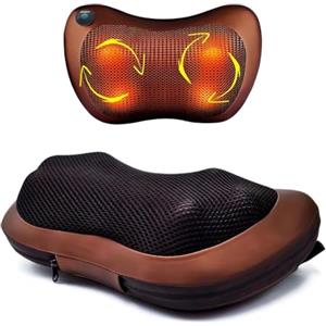 Generico Cuscino Massaggiatore Shiatsu con Calore per Cervicale, Collo Schiena e Gambe, Testine Rotanti per Sollievo da Stress e Dolore, Cuscino Elettrico, Casa Ufficio e Auto, Doppio Alimentatore