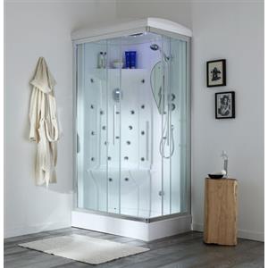 Kiamami Valentina - Cabina Doccia Multifunzione con Bagno Turco | 16 Getti Idromassaggio | Ante in Vetro Temperato | Illuminazione Interna e Radio, 70x110CM SX
