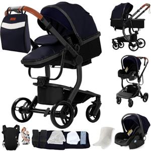 Dziranam Trio passeggino Neonati,Passeggino Trio,Regolabile in altezza con vista panoramica,Passeggino Pieghevole,Include Mommy Bag e Marsupio(HG-Blu)