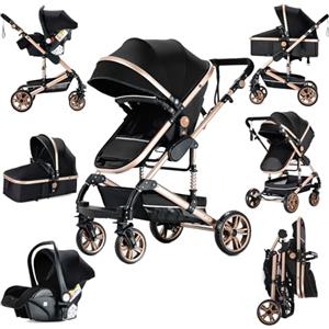 Sianldcone Passeggino 3 in 1 Trio Neonati, Tessuti di Alta Qualità Carrozzina per Neonato, Spinta Bidirezionale Passeggino Reversibile, Visione Aperta Passeggino Trolley (739 Black Gold)