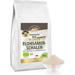 Golden Peanut Polvere biologica di semi di psillio al 99%, sacchetto da 500 g finemente macinato, extra bianco, con contenuto ridotto di germi, da raccolta fresca e aree di coltivazione selezionate in India