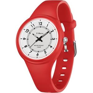 BIEWO Orologio da polso da donna, impermeabile fino a 5 atm, per bambini, facile da leggere, semplice, minimalista, analogico, al quarzo, cinturino in silicone, Rosso, Cinturino