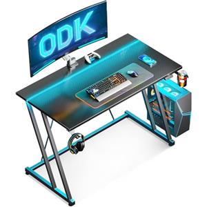 ODK Scrivania Gaming con LED, 100 × 50 cm Tavolo Gaming con Portabicchieri e Gancio per Cuffie, Scrivania Computer con Design a Doppia Z Fibra di Carbonio Nera