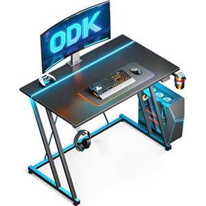 ODK Scrivania Gaming con LED, 80 × 50 cm Tavolo Gaming con Portabicchieri e Gancio per Cuffie, Scrivania Computer con Design a Doppia Z Fibra di Carbonio Nera