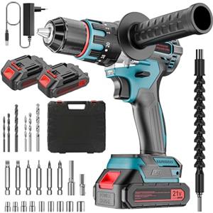 PONOSEU Trapano Avvitatore a Batteria 21V Brushless 80 Nm - Set Professionale con 2 Batterie 2.0Ah, 2 Velocità, 20+3 Regolazioni, LED e Accessori - Per Cantiere, Officina e Ristrutturazione (XL02-H)