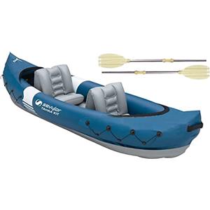 Sevylor Tahaa Kayak con pagaia, canoa gonfiabile 2 persone, barca a paddle con robusto guscio in PVC, cinghie per il fissaggio dei bagagli, struttura a barre per un'elevata stabilità in acqua