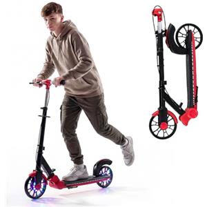 COSTWAY Monopattino Pieghevole con 2 Ruote Luminescenti, Manubrio Regolabile su 3 Altezze, Freno Posteriore, Cavalletto, Telaio in Alluminio Leggero e Pedana Antiscivolo, per Adulti e Bambini (Rosso)