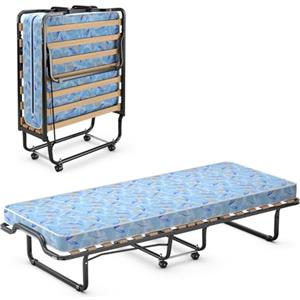 COSTWAY Brandina Pieghevole con Materasso, con Struttura Metallica Resistente, Materasso in Memory Foam, Letto Portatile con Ruote, 200x90x41 cm, Made in Italy (Blu)