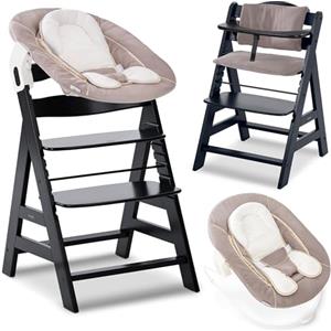 hauck Seggiolone Pappa Alpha Plus Set Newborn - Seggiolone Pappa Bimbi in Legno, Evolutivo con Sdraietta Neonato 2in1 e Cuscino - Nero