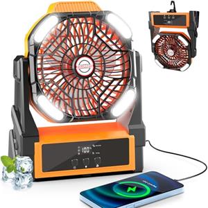 Sendowtek Ventilatore da Campeggio Ricaricabile 20000mAh, Ventilatore da Tavolo Portatile con Luce LED Gancio Timer 4 Velocità USB, Ventilatore a Batteria per Esterno Tenda Viaggio Ufficio Casa