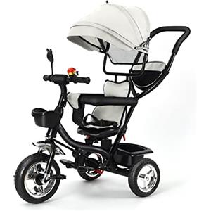 RELOVE Triciclo per bambini evolutivo, canna e parasole, pieghevole, borsa e cestino in acciaio, per bambini evolutivo, bicicletta, accessori, fino a 5 anni-4 in 1 (grigio chiaro)