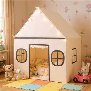 RELAX4LIFE Tenda da Gioco per Bambini, a Forma di Casetta, Capanna per Bambini Pieghevole, con Luci Brillanti, 4 Finestre Ventilate, Morbido Materassino in Cotone, per Esterno e Interno (BEIGE)