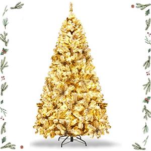 GYMAX Albero di Natale Automatico Innevato 180 cm, 250 LED Incorporate, Luce Calda Bianca, 600 Rami Folti in PVC, Base Pieghevole in Metallo, Cerniera Automatica, Divisibile da Montaggio e Trasporto