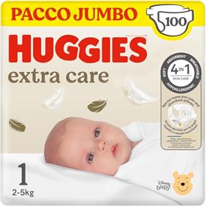 Huggies Extra Care, Pannolini Taglia 1 (2-5Kg), Ultra assorbente, Pacco Jumbo, 100 Pz