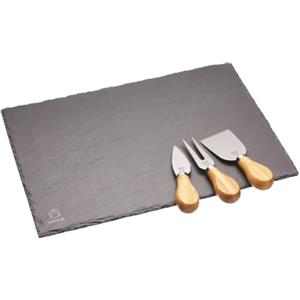 Artesa Artesà Set Tagliere / Vassoio in Ardesia Naturale e 3 Coltelli da Formaggio in Acciaio Inossidabile e Legno d'Acacia, Confezione Regalo Inclusa, 4 Pezzi