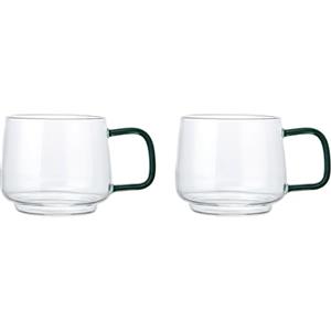 La Cafetière, Set di 2 tazze in vetro borosilicato resistente al calore con manico in vetro verde, eleganti, per tè, caffè, cioccolata calda, impilabili, lavabili in lavastoviglie, 275 ml