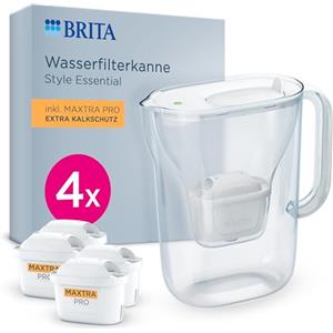 BRITA Caraffa filtrante Style Essential Blanca (2.4L) incl. 4x MAXTRA PRO Expert in calce | compatibile con la porta del frigorifero, con indicatore LED, filtra calce, metalli e molto altro ancora