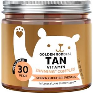 Bears with Benefits Golden Goddess Tan Vitamin Caramelle Gommose - Complesso Abbronzante - Vitamina C, E, D, Betacarotene e Rame - 30 pezzi (1 mese) - Senza Zucchero, Vegano - Bears with Benefits