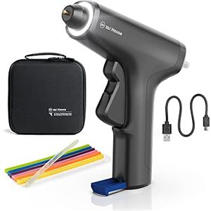 Wiha Zai Haus, set di pistola per colla a caldo, con bastoncini, 7 mm, con custodia, pistola per colla professionale senza fili, per fai da te e fai da te, con luce LED, durata di riscaldamento 10-15