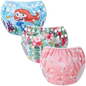 Codkkre Pannolino Nuoto Neonato Costume Neonata 3 Pz Piscina Riutilizzabile Pannolini Lavabili Contenitivo per 0-3 Anni(Fenicottero+Fiore+Sirena)