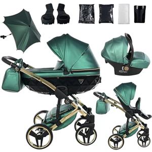 Junama Passeggino TRIO Diamond Fluo 02 Verde e Oro - 2in1 3in1 4in1 + ombrellino (3 in 1 con Seggiolino Auto)