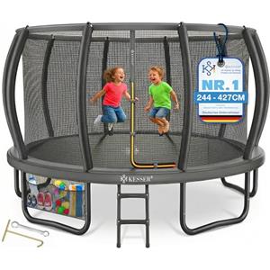 KESSER Trampolino esterno Ø 244/305/366/427 cm, certificato GS trampolino da giardino per bambini e adulti < 50 kg con rete di sicurezza, inclusa borsa, scala, copertura del bordo e aste in rete