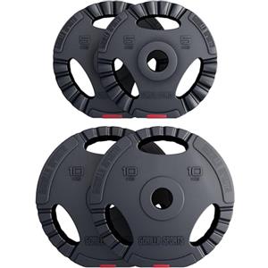 Gorilla Sports® Dischi Pesi Olimpici - 1,25kg, 2,5kg, 5kg, 10kg, 15kg, 30kg, Singolo/Set, Foro 50 mm, con Manico, Tri-Grip, Rivestiti in Plastica - Piastre per Bilancieri, Manubri, Palestra