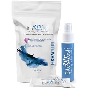 Vioxten Bitewash Starter kit, Pulizia bite dentale, Igiene dentale, Igienizzante con azione disgregante specifico per bite, Dentiere, Spazzolini, 10 Bustine da g. 2,5, 1 Flacone spray incluso