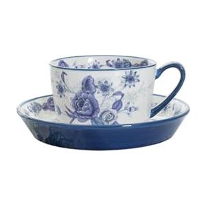 London Pottery Set da tè pomeridiano in porcellana, tazze e piattino, con teiera, zuccheriera, barattolo per latte, supporto per dessert per matrimoni e feste (tazza e piattino con rosa blu, 300 ml)