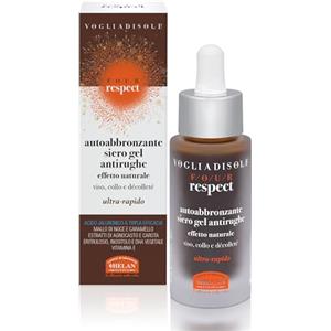 Helan, Vogliadisole Respect - Siero Viso Acido Ialuronico Autoabbronzante Antirughe Gel con Vitamina E, Inositolo e Agnocasto, Abbronzante per Abbronzatura Naturale e Luminosa per Pelli Delicate, 30ml