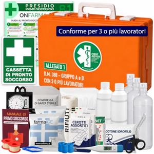 ONFARMA Farma 2 - Cassetta Pronto Soccorso per Aziende con 3 o più Lavoratori - con Cartello Istruzioni in Forex 30x28 cm, Croce Adesiva Segnaletica e Manuale di Primo Soccorso