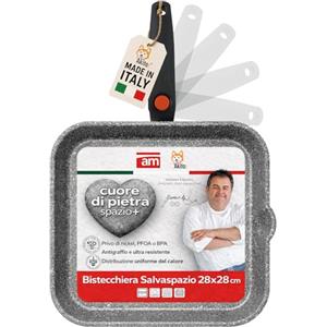 AKITAInk Bistecchiera Antiaderente Linea Cuore di Pietra 28x28 cm con Manico Pieghevole Salvaspazio - Effetto Pietra, Compatibile con Induzione