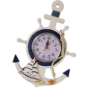 SGerste Orologio da parete rustico in legno a forma di ancora, stile marinaro, barca a vela, timone, decorazione da appendere alla parete