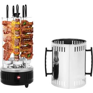 Madelynn Grill Elettrico Verticale 1000W per Kebab 400-500°C, Barbecue Elettrico Verticale per Schaschlik con 5 spiedini e 5 vaschette per grasso per Kebabs, Shawarma