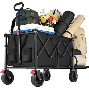 YEAUPE PRO Carrello Spiaggia, Carrello Pieghevole con Ruote - Doppi freni ant., ruote grandi, manico reg., post. aprib. oggetti lunghi - per campeggio/spiaggia, 160-240L, Nero