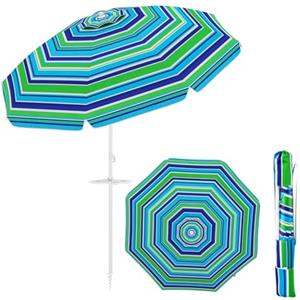COSTWAY Ombrellone da Spiaggia 200 x 220 cm, Ombrellone da Mare con Inclinazione Regolabile, con Vassoio, 8 Stecche, Protezione UV, Impermeabile, Borsa di Trasporto (Verde)