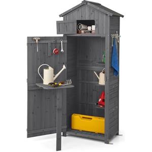 COSTWAY Armadio da Esterno in Legno, Capanno da Giardino con Serratura, Tavolo Pieghevole, Tetto Impermeabile, Ganci, Ripiani Rimovibili e 4 Staffe Metalliche, per Patio, Giardino e Cortile (Grigio)