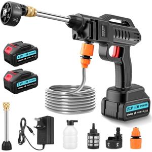 Worshow Idropulitrice a Batteria, 21V 200 Bar Idropulitrice Portatile con 2 x 3000mAh Batterie, Ugello 6 in 1 & Tubo da 5m per Pulire Pavimenti, Auto, Giardini